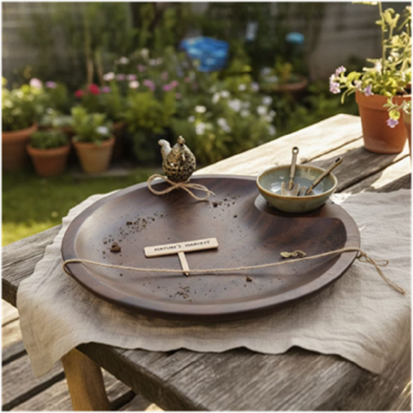 Artistic Wooden Round Platter with Bird Detail for Elegant Table Styling