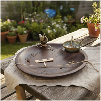 cb1-394 Artistic Wooden Round Platter with Bird Detail for Elegant Table Styling