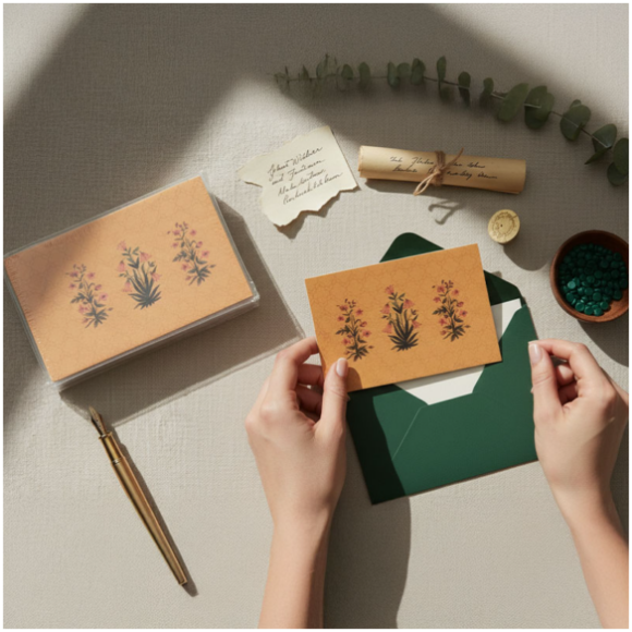 Mughal Art Gulzar Flower Note Cards with Envelopes (Set of 10)